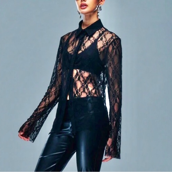 Lace black button down collared long sleeve shirt blouse - Picture 1 of 6